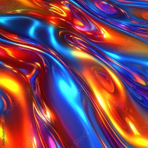 An abstract close-up of colorful, iridescent fluid waves showcasing vibrant shades of orange, blue, and purple.
