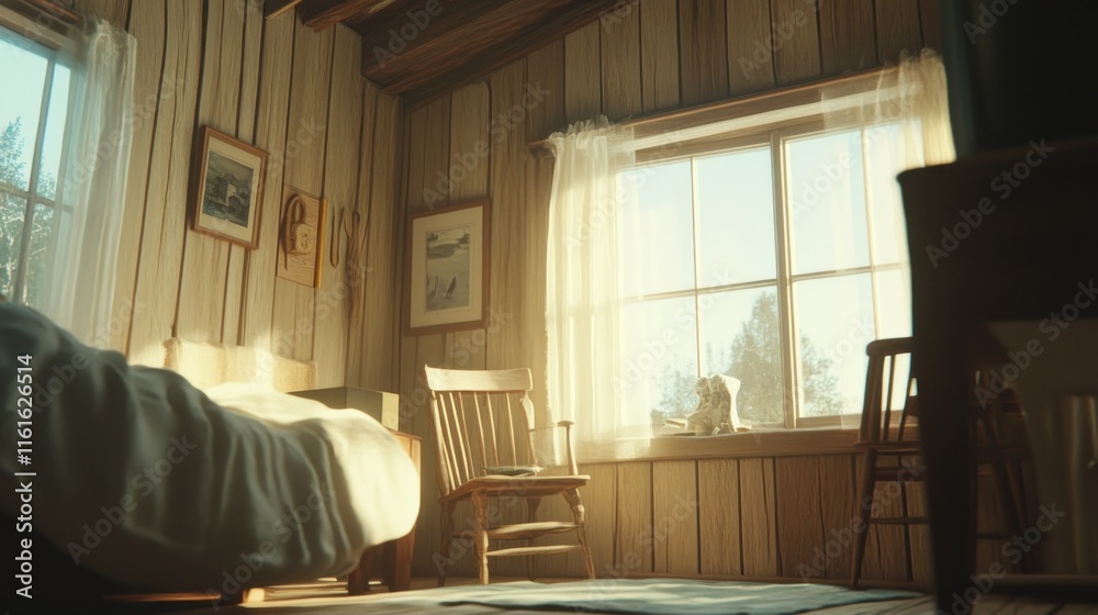 Fototapeta premium Sunlit rustic bedroom with wooden walls, bed, chair, window, and winter view.