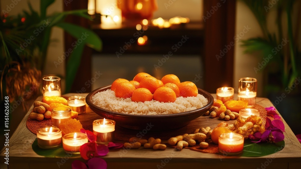 Festive Table Arrangement with Candlelight and Rice and Oranges Festive Table Arrangement with Candlelight and Rice and Oranges
