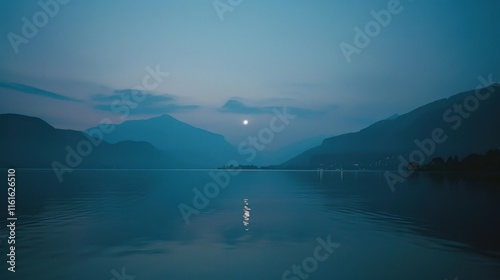 Wallpaper Mural Serene twilight over a calm lake, reflecting mountains and a glowing moon. Torontodigital.ca