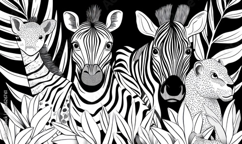 Black and white illustration of African animals in foliage.