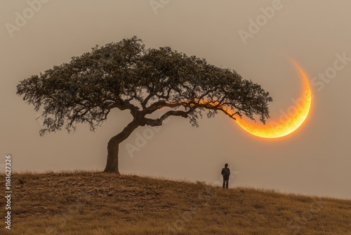 A silhouette of a man stands beneath a majestic tree, gazing at the crescent sun setting on the horizon in a serene landscape.
