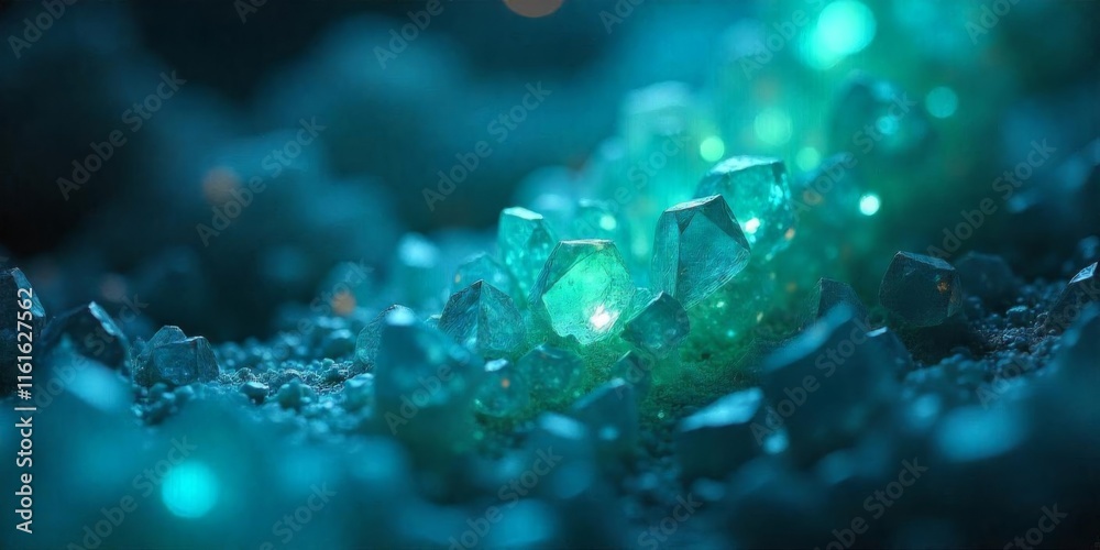 Glowing blue crystals scattered across a dark surface, reflecting ambient light in a mystical setting Glowing blue crystals scattered across a dark surface, reflecting ambient light in a mystical setting