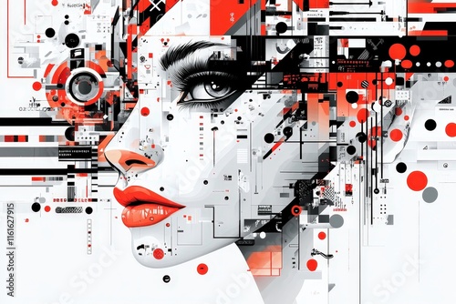 A captivating digital portrait of a woman with striking features, surrounded by an abstract mix of red, black, and white geometric patterns.