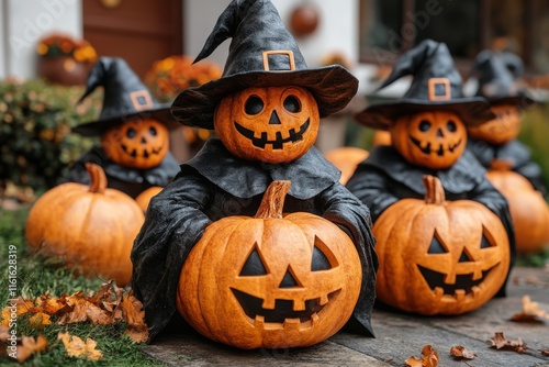 A group of cheerful pumpkin-headed witches in dark robes sit among bright orange pumpkins, creating a whimsical Halloween atmosphere. photo