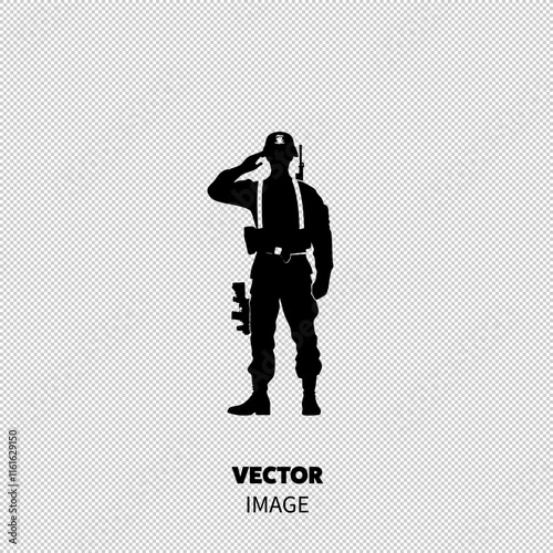 A silhouetted soldier saluting, showcasing strength and respect in military attire.