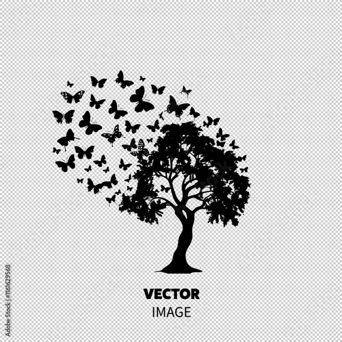 A striking black silhouette of a tree with butterflies gracefully ascending, creating a whimsical and enchanting atmosphere. photo