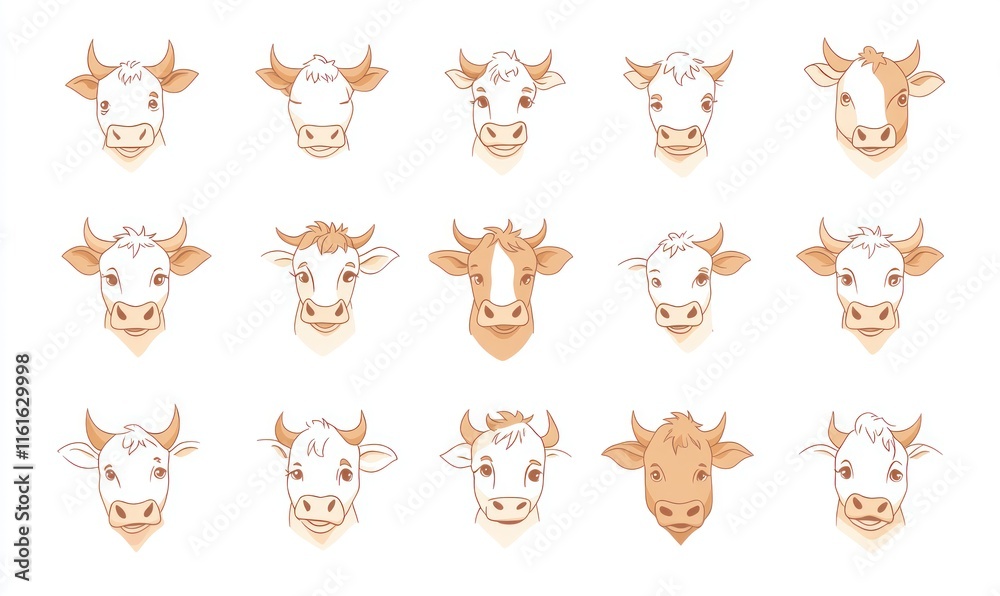 Fifteen cow head illustrations, various colors and expressions. Fifteen cow head illustrations, various colors and expressions.