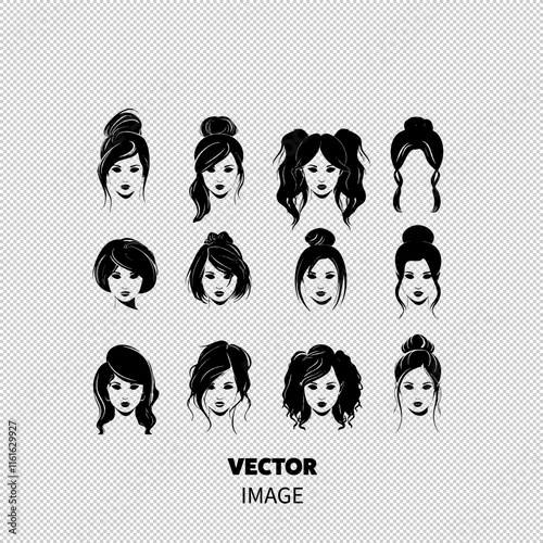 A diverse collection of female hairstyles, featuring various elegant and casual looks in a monochromatic style.