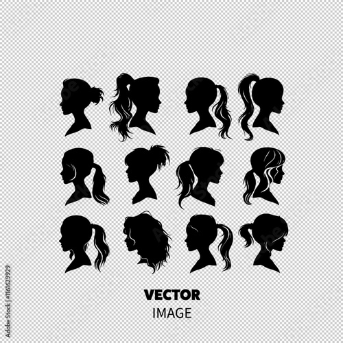 A collection of twelve female silhouettes with various ponytail hairstyles.