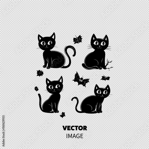 Four adorable black cats with playful expressions, set against a white background decorated with leaves and bats.