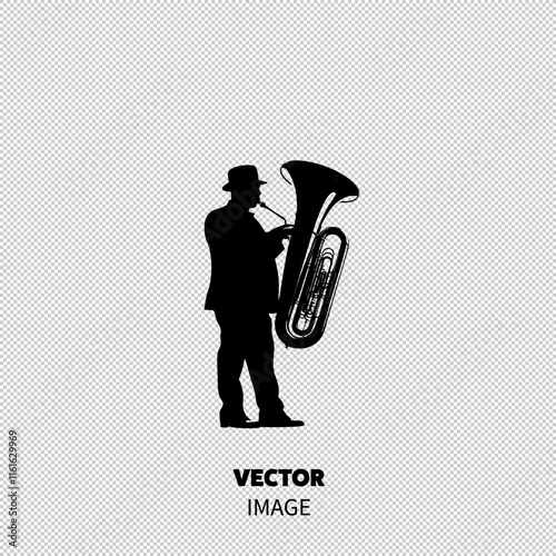 A silhouette of a male musician playing a tuba, showcasing artistic elegance and musical passion.