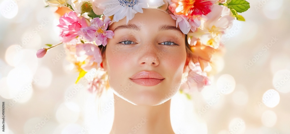 A serene portrait of a woman adorned with a floral crown. A serene portrait of a woman adorned with a floral crown.