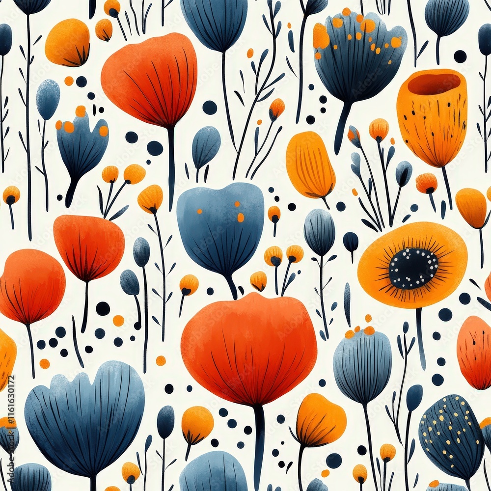 Fototapeta premium A vibrant and playful floral pattern featuring bright red, blue, and orange flowers on a soft cream background.