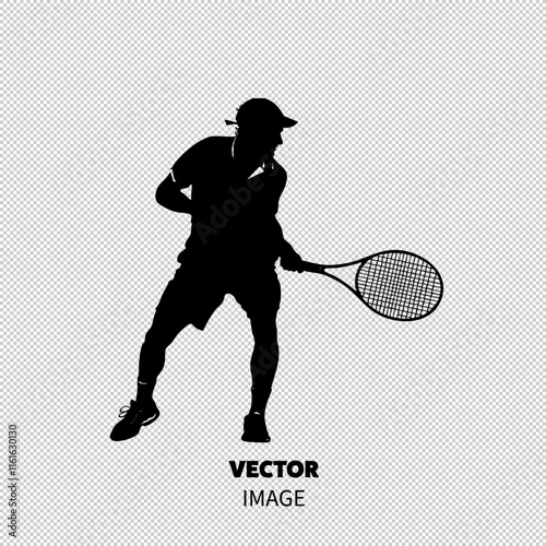 Silhouette of a male tennis player in action, demonstrating athleticism and focus in a dynamic pose.