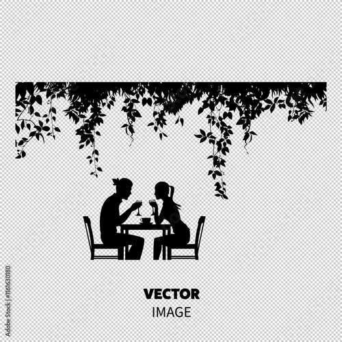 Silhouette of a couple enjoying drinks at a table under hanging vines, conveying romance and intimacy.