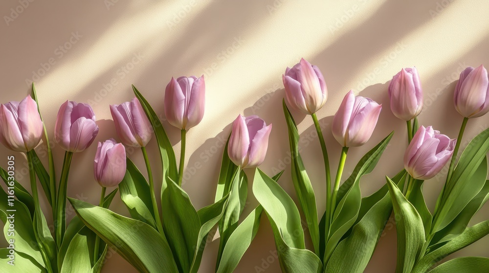 Fototapeta premium Lavender tulips and green leaves on taupe background with sunlight