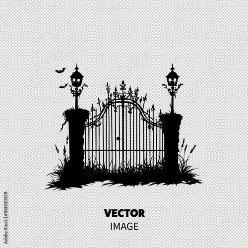 A spooky silhouette of an ornate iron gate with lanterns, surrounded by tall grass and bats, perfect for Halloween themes.