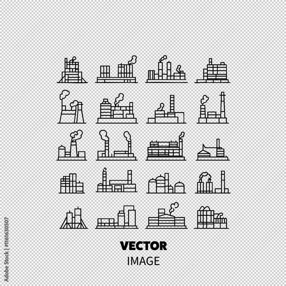 A collection of industrial buildings including factories and smokestacks in a minimalist line art style.