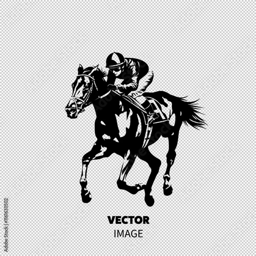A dynamic black silhouette of a jockey riding a galloping horse, capturing the excitement of horse racing.