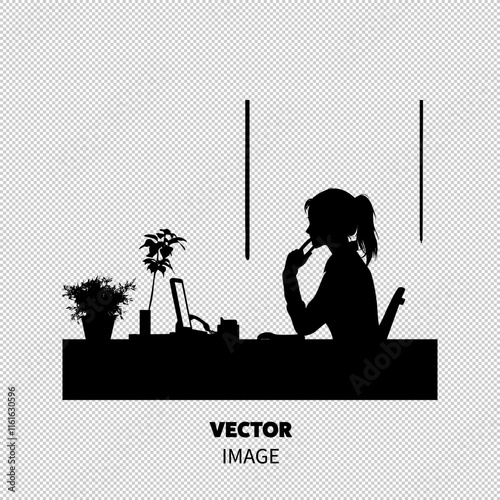 Contemplative young woman silhouette in modern office, surrounded by plants.