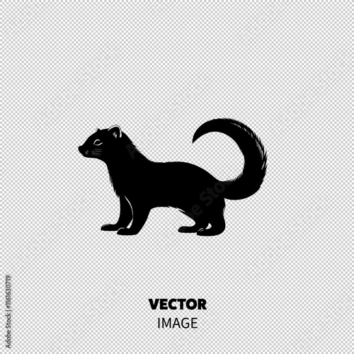 A sleek black silhouette of a marten standing alert with a bushy tail raised.