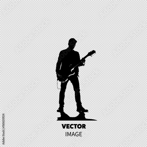 Silhouette of a young male musician passionately playing electric guitar against a bright background.