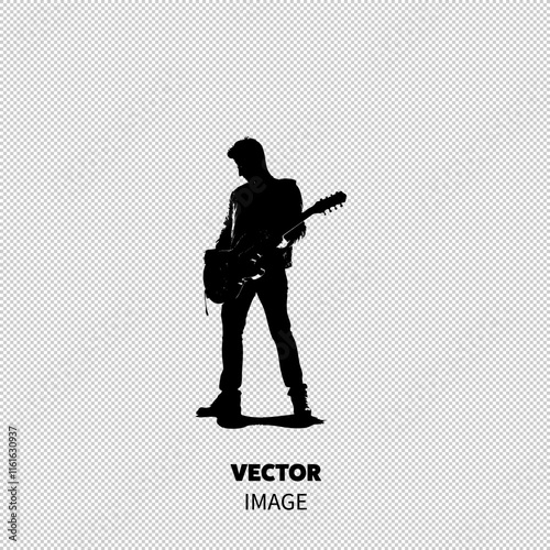 A male musician silhouette, embodying passion, stands with his electric guitar, radiating a rock vibe against a stark white background.