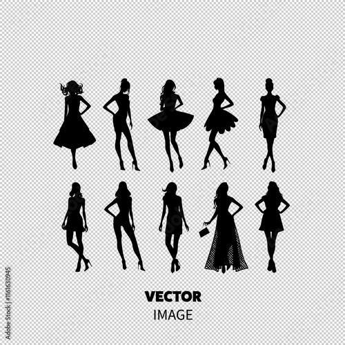 Collection of stylish female silhouettes showcasing various fashionable poses and outfits.