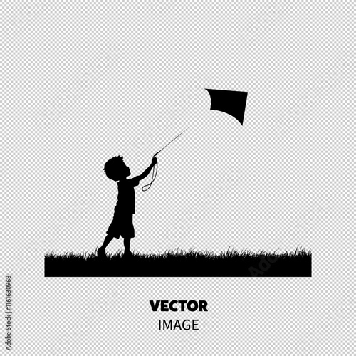 A young boy silhouette joyfully flying a kite against a bright sky.