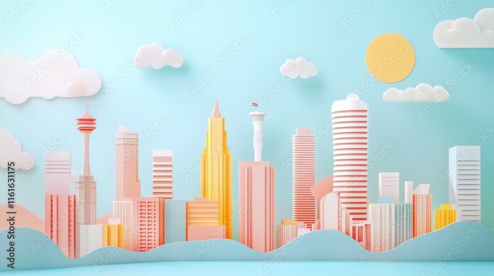 Fototapeta premium Pastel city skyline illustration.