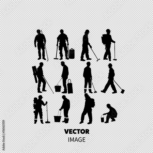 Black silhouettes of diverse male workers engaged in various labor tasks, highlighting hard work and dedication.