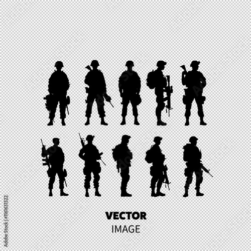 Silhouettes of diverse soldiers in varying poses and stances, showcasing unity and strength.