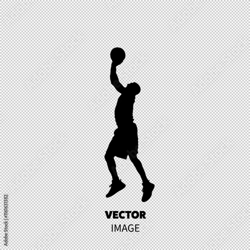 A dynamic silhouette of a male basketball player preparing to dunk the ball, showcasing athleticism and strength.