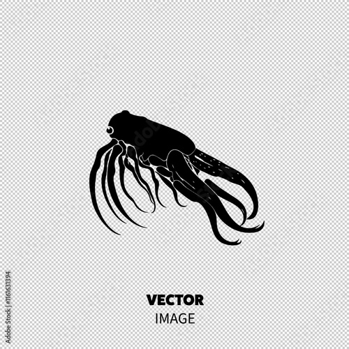 Stylized black and white illustration of an octopus showcasing its intricate tentacles. photo