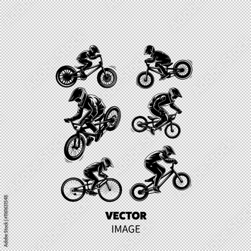 Dynamic illustrations of male BMX riders showcasing various stunts and techniques in a monochrome style.