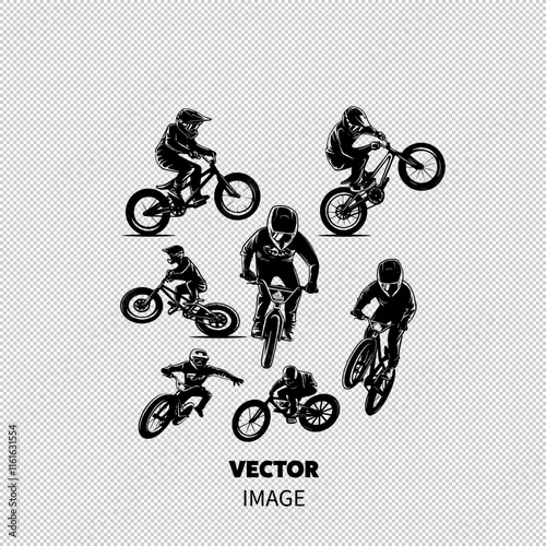 Dynamic black and white illustrations of male BMX riders performing tricks and stunts.