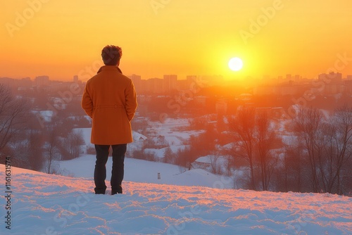 A young man stands in a bright orange coat, gazing at a vibrant sunset over a snow-covered cityscape, creating a serene and contemplative mood.