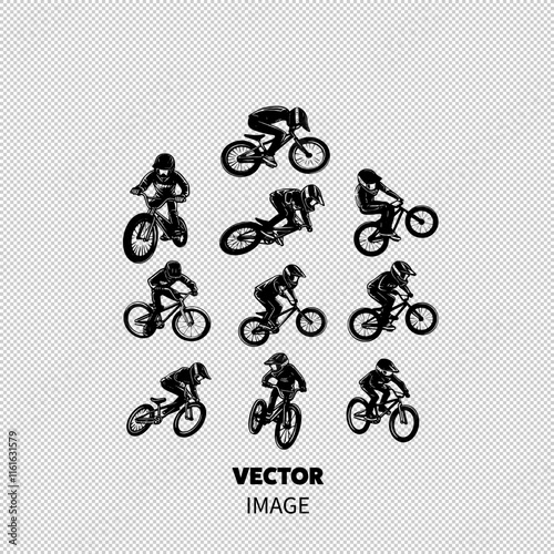 Dynamic silhouettes of diverse cyclists performing stunts on BMX bikes, showcasing skill and enthusiasm.