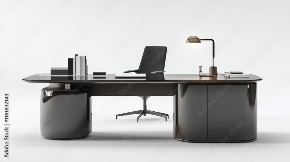 Modern minimalist executive office desk with chair and lamp. Modern minimalist executive office desk with chair and lamp.