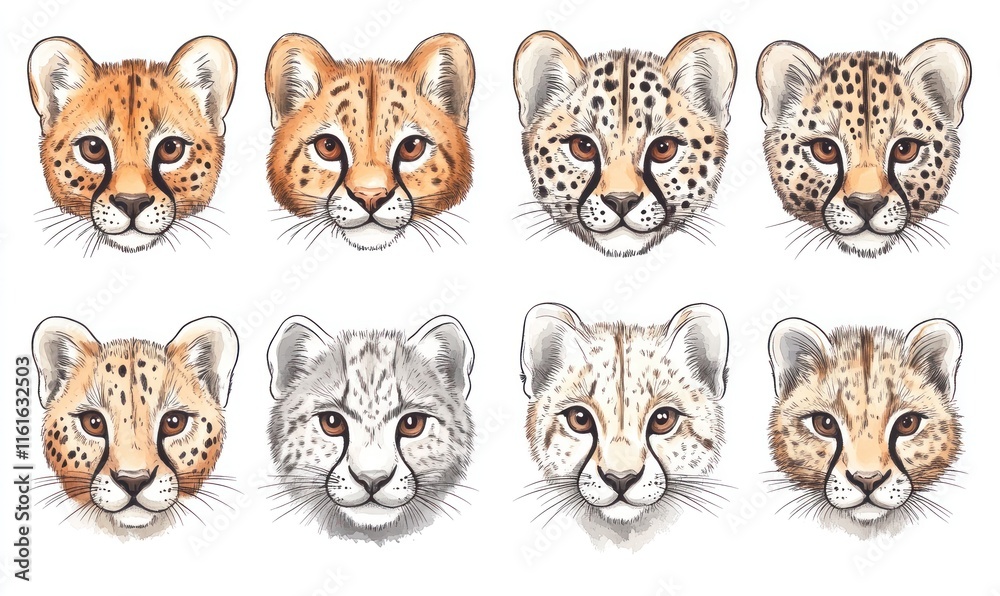 Fototapeta premium Eight cute cheetah cubs' faces, various coat patterns.