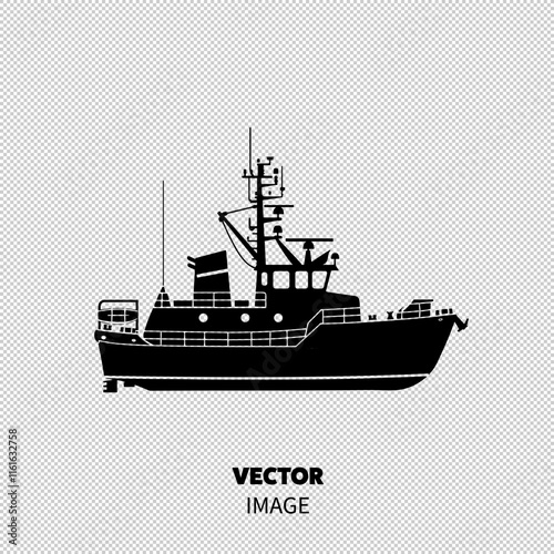 Silhouette of a fishing vessel against a stark white background, emphasizing its strong lines and functional design.