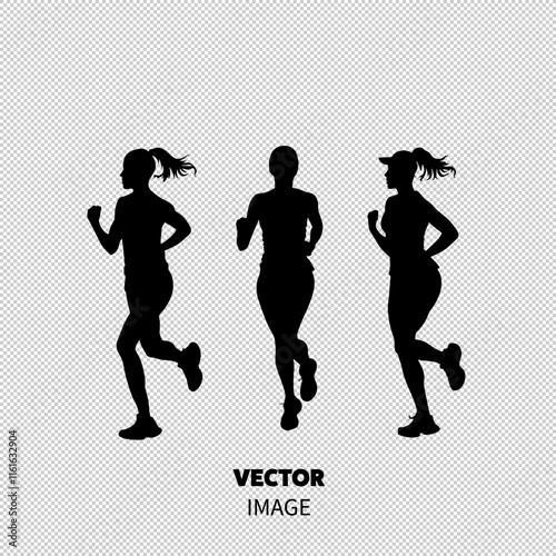 Three silhouettes of a female runner in various jogging poses, showcasing athleticism and energy.
