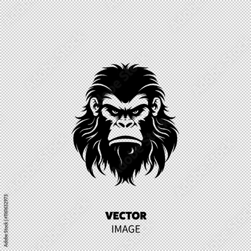 Bold illustration of an intense gorilla head in black and white, showcasing fierce expression and detailed fur. photo