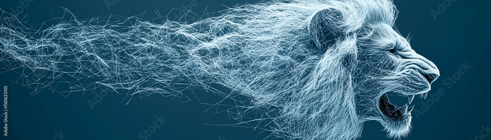 Obraz premium Majestic Lion's Roar, Abstract Wireframe Art, Digital Illustration of a Powerful Feline, Showing Strength and Majesty in a Sophisticated Design.