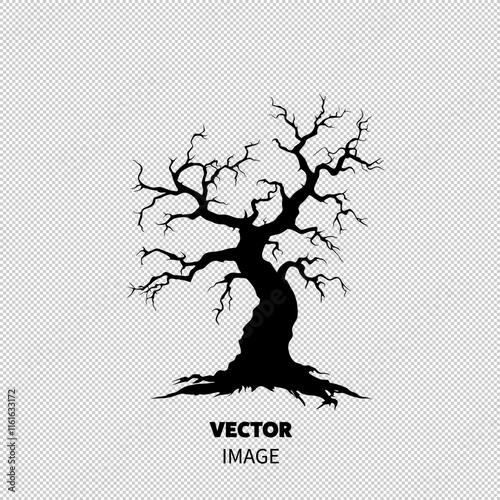 A haunting black silhouette of a gnarled, leafless tree, evoking a sense of mystery and desolation.