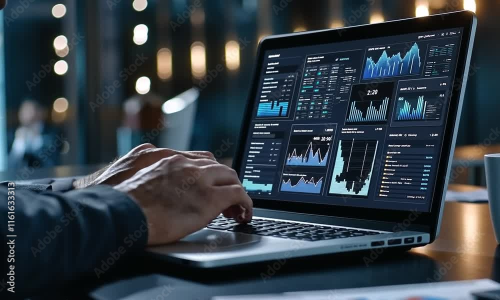 Person Using Laptop with Financial Data on Screen in Modern Office Setting, Analyzing Market Trends and Performance Metrics, Business Analyst Workspace Person Using Laptop with Financial Data on Screen in Modern Office Setting, Analyzing Market Trends and Performance Metrics, Business Analyst Workspace