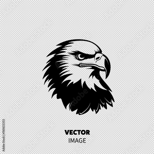 Stylized black and white illustration of an eagle's head, showcasing fierce expression and detailed feather design.