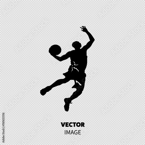 A dynamic silhouette of a male athlete leaping to score with a basketball, showcasing athleticism and energy.