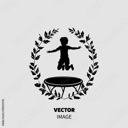 A silhouette of a child joyfully jumping on a trampoline, surrounded by a decorative leaf wreath.